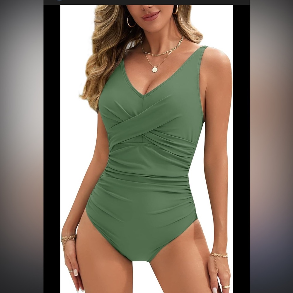 Green ruched tummy control Swimwear